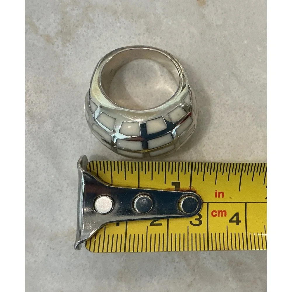 Chunky Stainless Steel Ring White‎ Brick Pattern Statement Band Size 7
